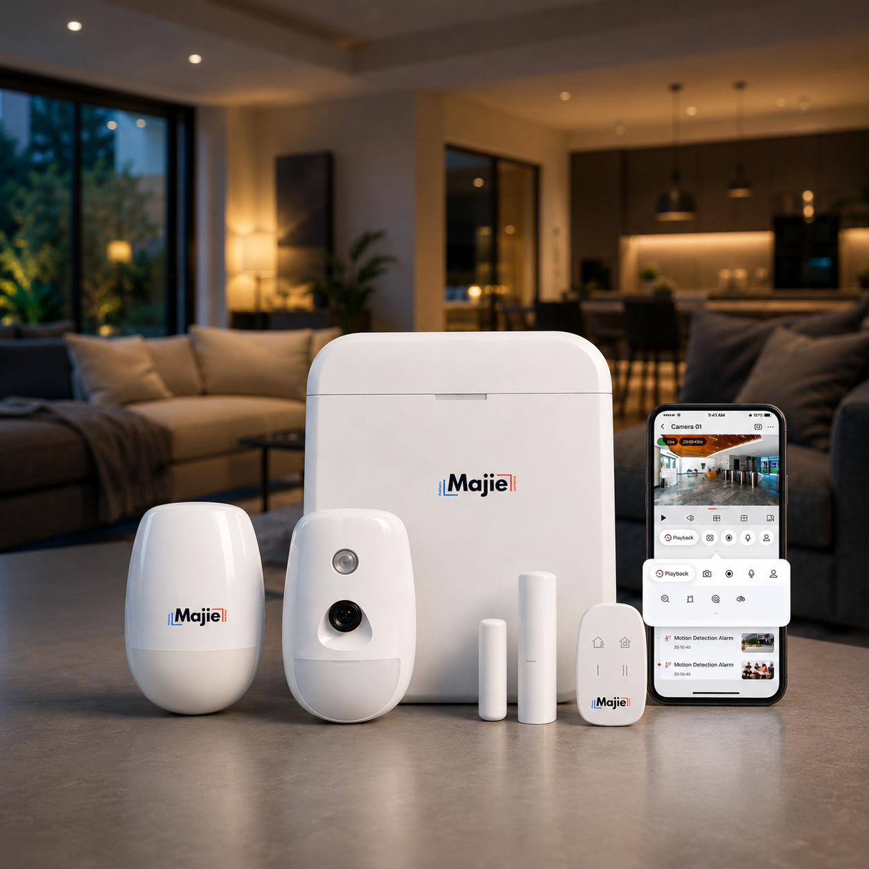 Kit d’alarme connecté Majie avec ses détecteurs et son application mobile